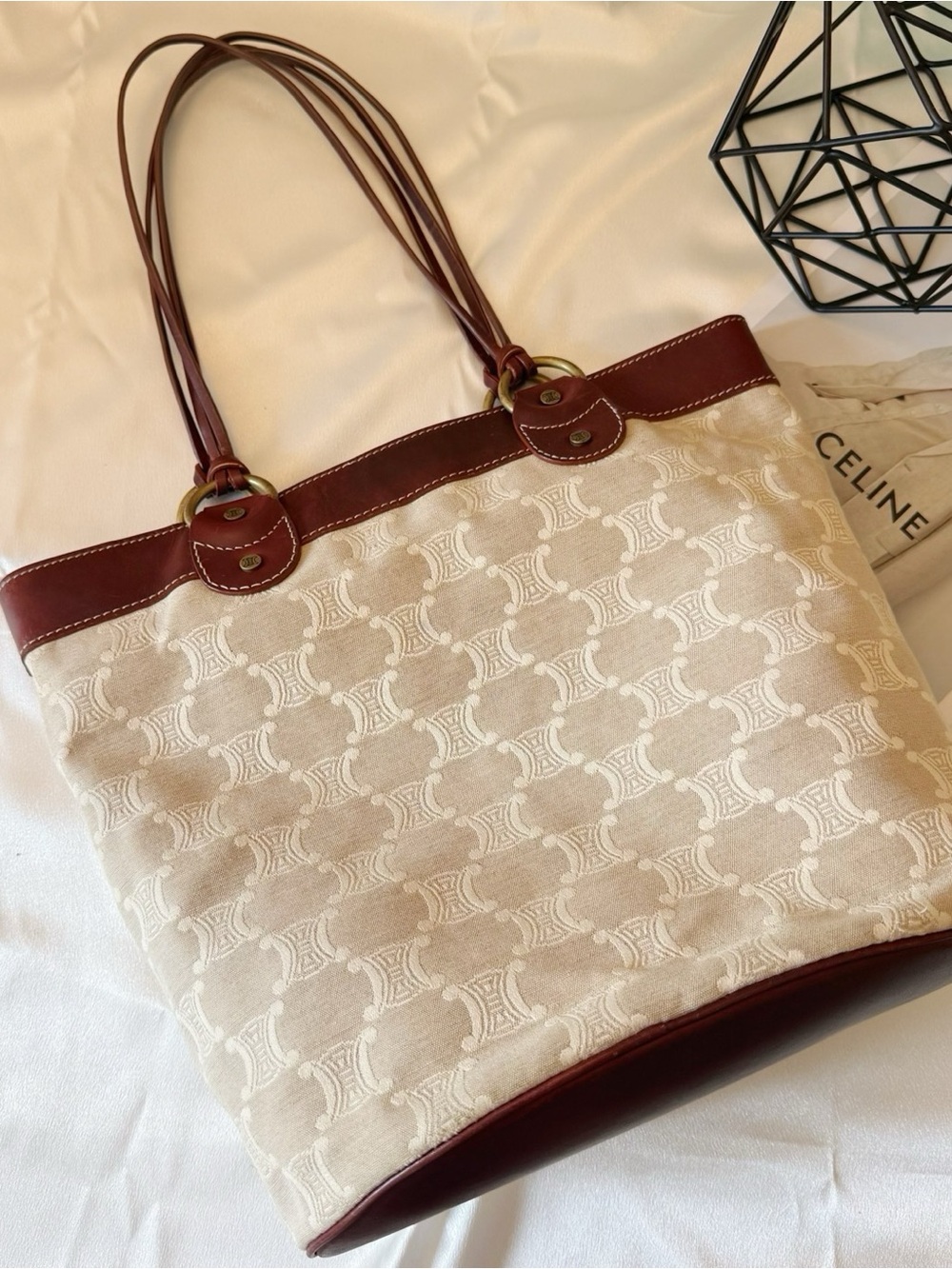Celine Beige Canvas Tote with Brown Leather Trim